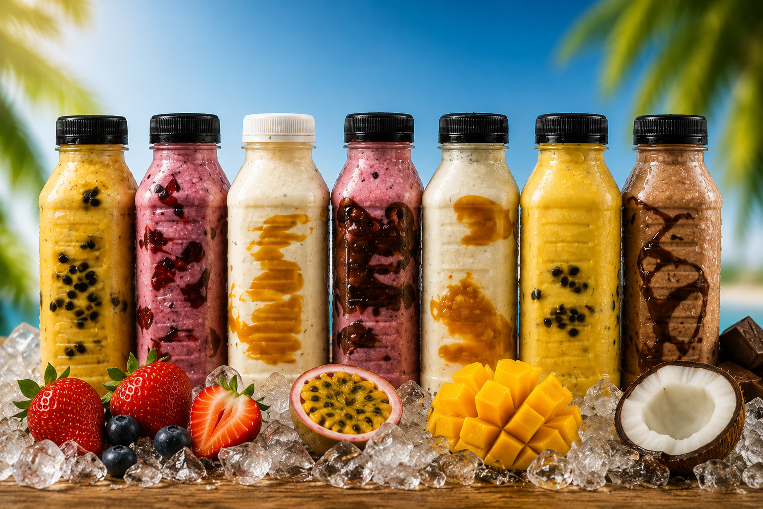 Variedade de bebidas cremosas em garrafas prontas para venda