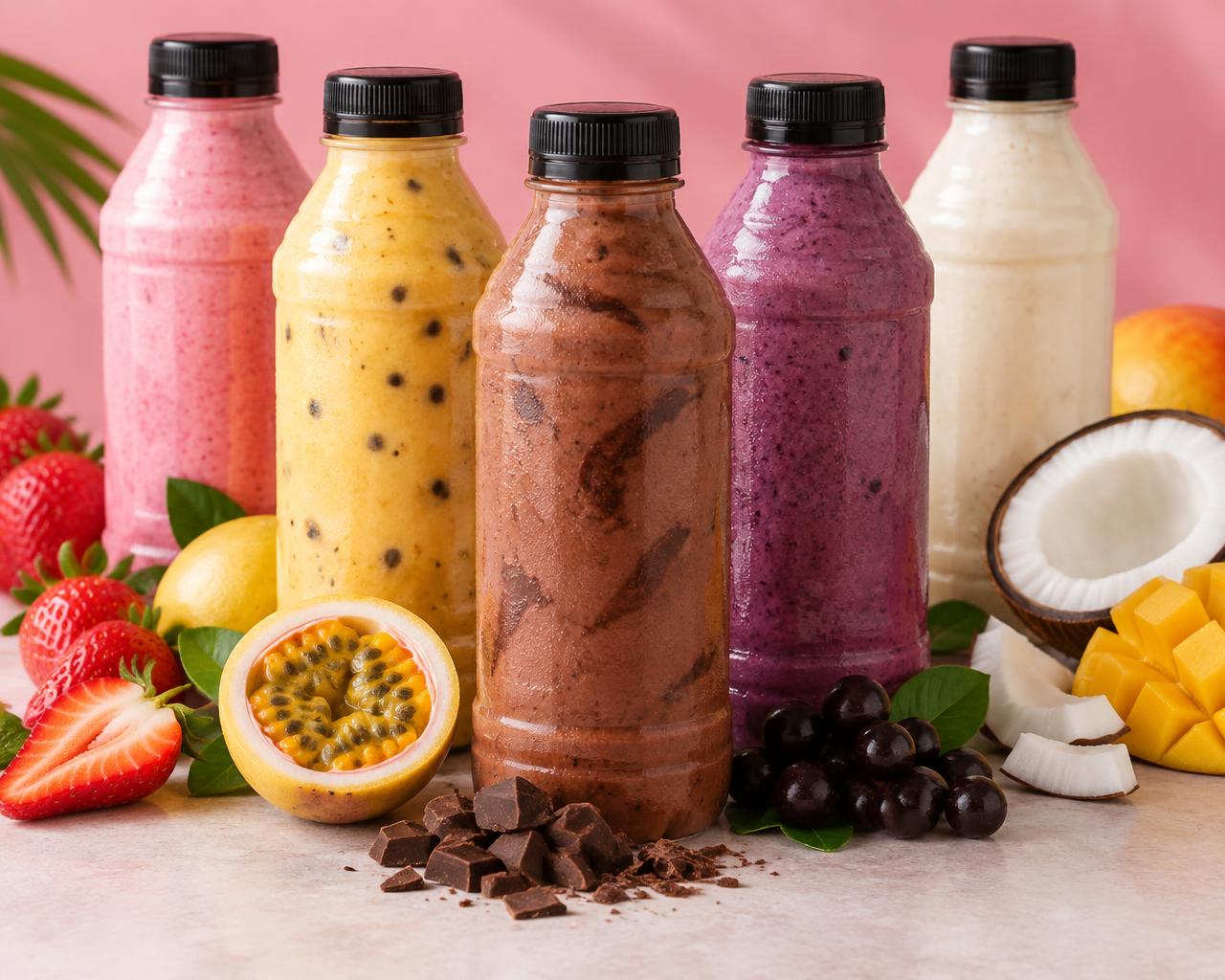 Garrafas de batidas cremosas de vários sabores com frutas ao redor