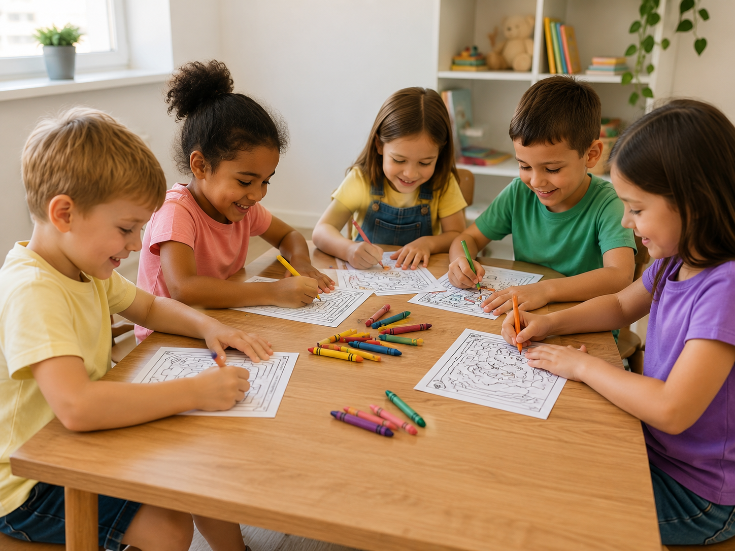 Crianças felizes fazendo atividades educativas impressas