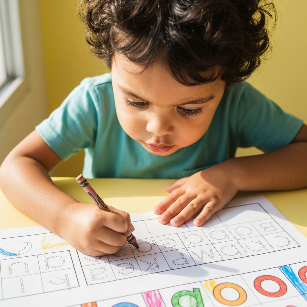 Criança praticando grafismo e escrita em atividade educacional