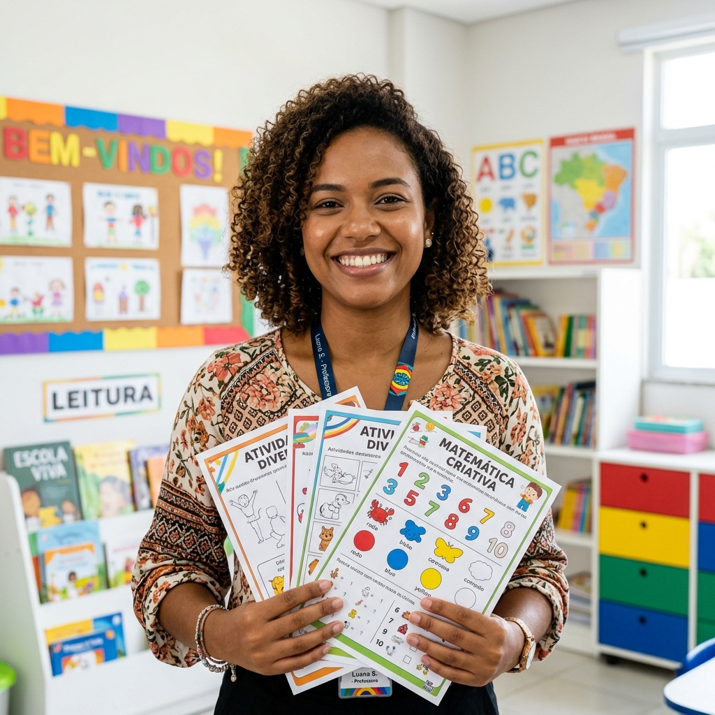 Professora segurando as atividades pedagógicas